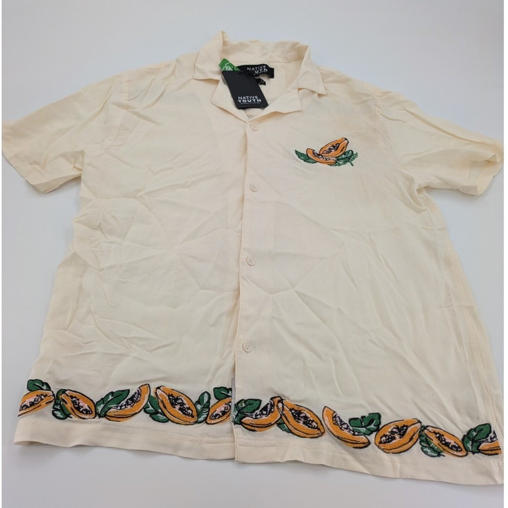 NWT Native Youth Shirt Mens S Button Up Short Sleeve Beige Papaya Embroidered